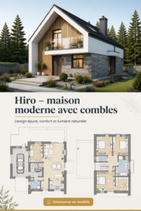 Vue de l'extérieur de la maison Hiro avec combles modernes et élégants.