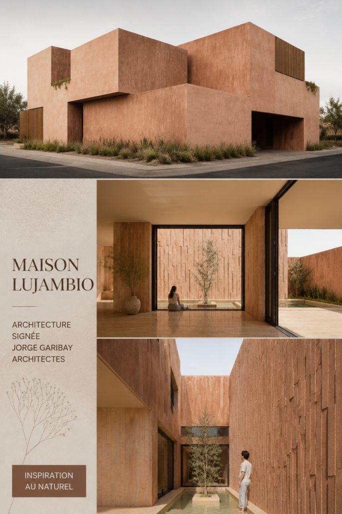 Vue extérieure de la maison Lujambio, mettant en valeur son architecture moderne et épurée.