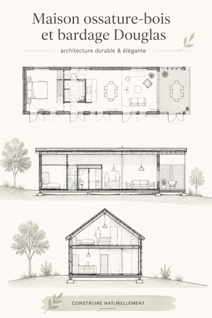 Maison moderne en ossature bois avec bardage Douglas, affichant un style chaleureux et accueillant.
