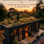 Un conteneur maritime transformé en maison moderne avec un jardin. Une belle illustration de l'aménagement contemporain.