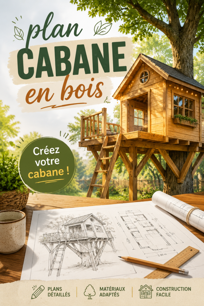Plan de construction d'une jolie cabane en bois dans un jardin.