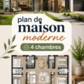 Plan de maison moderne à 4 chambres avec un design spacieux et lumineux.