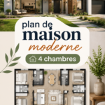 Plan de maison moderne à 4 chambres avec un design spacieux et lumineux.