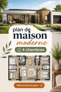 Plan de maison moderne à 4 chambres avec un design spacieux et lumineux.
