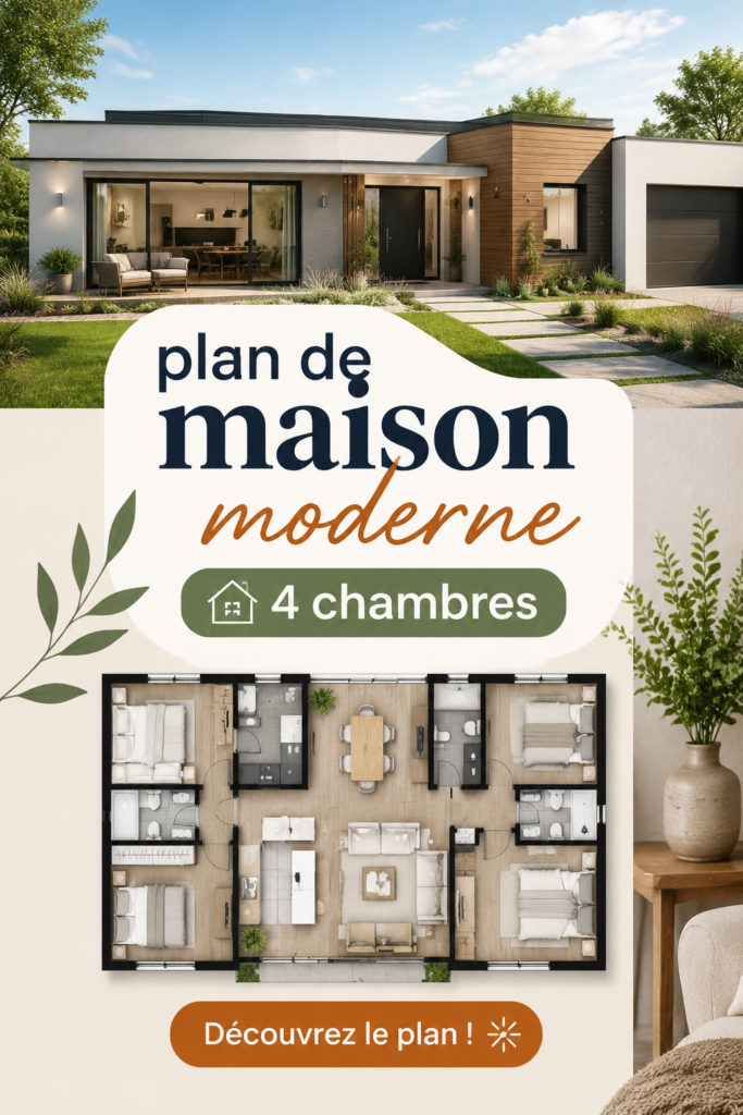 Plan de maison moderne à 4 chambres avec un design spacieux et lumineux.