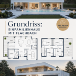Plan d'une maison individuelle moderne à toit plat, mettant en valeur un design épuré.