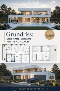 Plan d'une maison individuelle moderne à toit plat, mettant en valeur un design épuré.