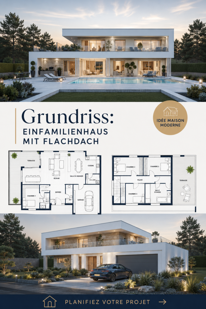 Plan d'une maison individuelle moderne à toit plat, mettant en valeur un design épuré.
