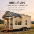 Tiny home beige au style campagnard sur roues, avec un extérieur sobre et accueillant.