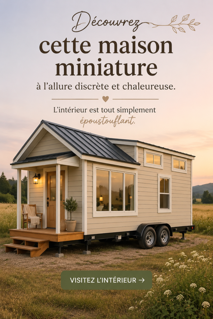 Tiny home beige au style campagnard sur roues, avec un extérieur sobre et accueillant.