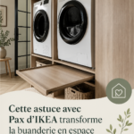 Une buanderie moderne aménagée avec le système Pax d'IKEA, montrant un espace fonctionnel et organisé.