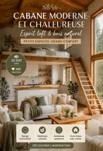 Un mini loft moderne avec des éléments en bois naturel et une ambiance cozy.