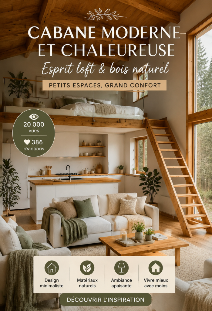 Un mini loft moderne avec des éléments en bois naturel et une ambiance cozy.