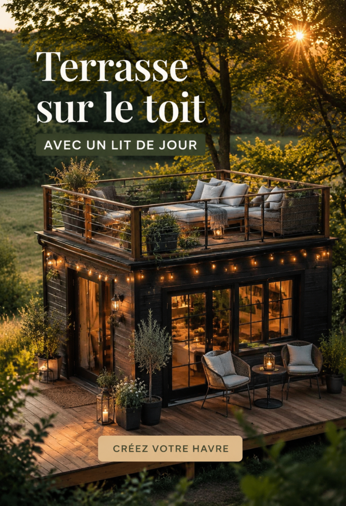 Rooftop aménagé avec un daybed confortable et des plantes luxuriantes
