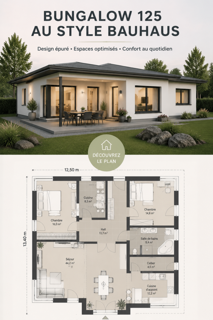 Bungalow 125 au design Bauhaus, extérieur moderne avec lignes épurées