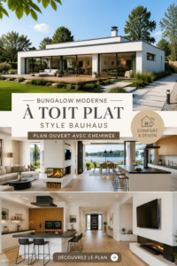 Vue extérieure d'un bungalow moderne au style Bauhaus avec un toit plat.