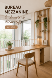 Un bureau mezzanine élégant avec des claustras décoratifs en bois