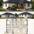 Un bungalow moderne avec toit en pente au milieu d'un jardin verdoyant.
