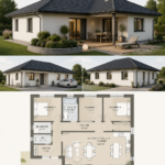 Un bungalow moderne avec toit en pente au milieu d'un jardin verdoyant.