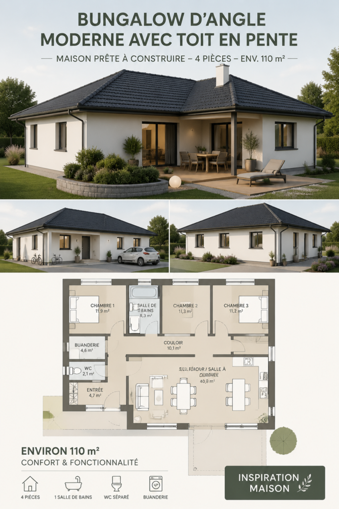 Un bungalow moderne avec toit en pente au milieu d'un jardin verdoyant.