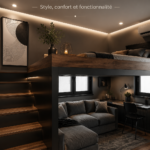 Un loft moderne avec un design chaleureux, mettant en valeur des murs en briques et un mobilier contemporain.