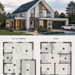 Design moderne de maison à deux étages avec garage et toit en pignon