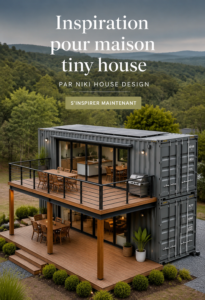 Vue d'une Tiny House moderne entourée de verdure, montrant un design accueillant.