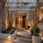 Maison avec une façade inspirée d'Ibiza, mélange de pierre naturelle et de couleurs chaudes.