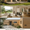 Une maison en bois moderne avec un toit plat et une façade en bois.