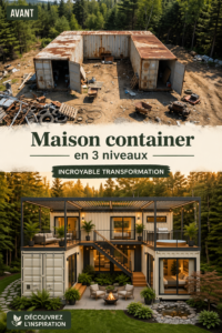 Maison container moderne à trois étages entourée de forêt verte