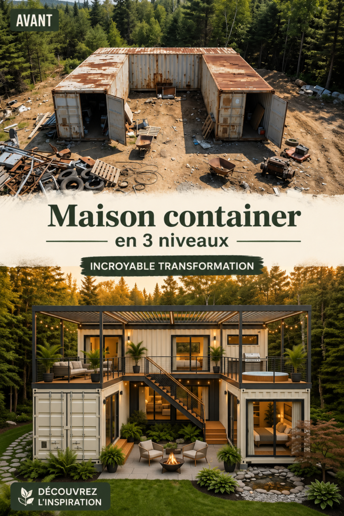 Maison container moderne à trois étages entourée de forêt verte