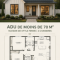 Vue d'une maison de ferme moderne avec toit en métal noir, soulignant son design élégant et pratique.