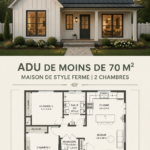 Vue d'une maison de ferme moderne avec toit en métal noir, soulignant son design élégant et pratique.