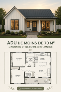 Vue d'une maison de ferme moderne avec toit en métal noir, soulignant son design élégant et pratique.