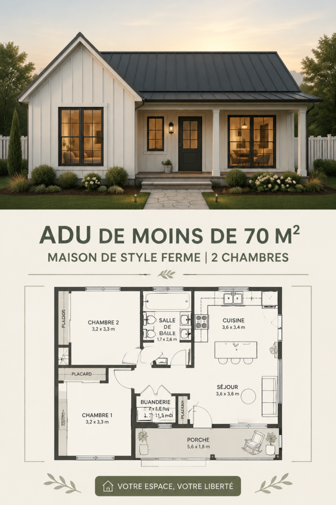 Vue d'une maison de ferme moderne avec toit en métal noir, soulignant son design élégant et pratique.