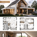 Plan d'une maison moderne à deux étages avec garage et toit en pignon.