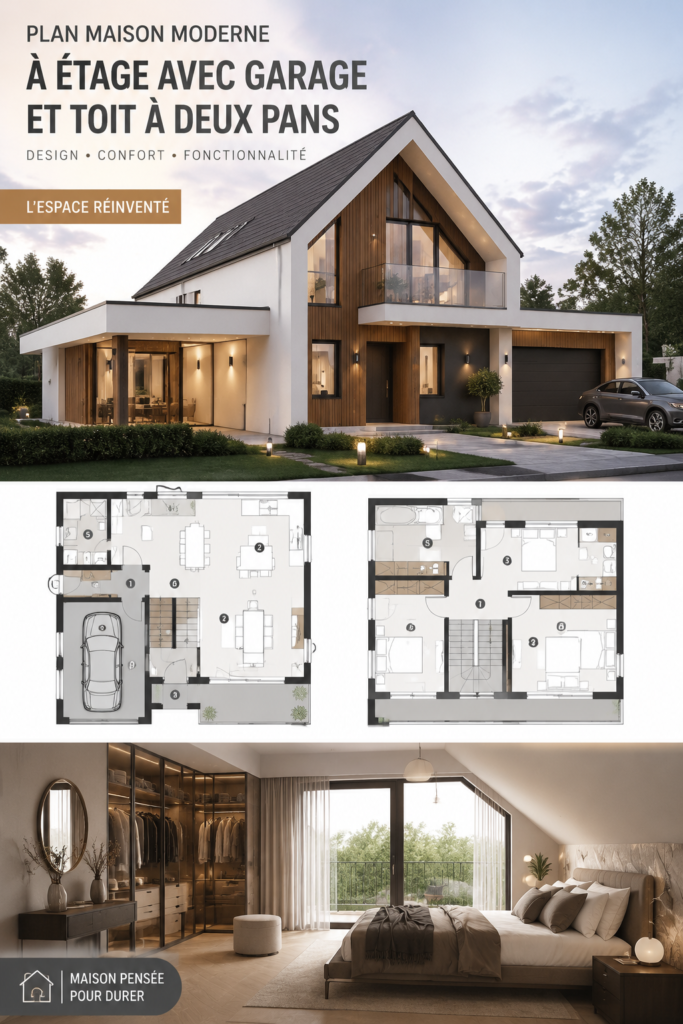 Plan d'une maison moderne à deux étages avec garage et toit en pignon.