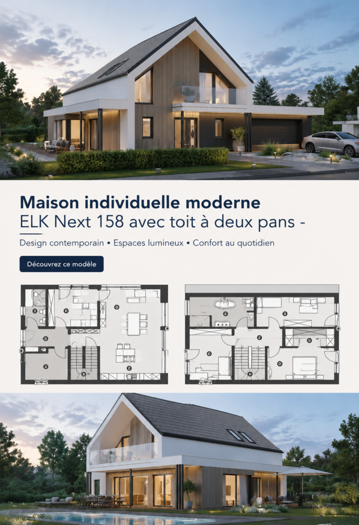 Vue extérieure d'une maison moderne avec un design contemporain et un aménagement fonctionnel.