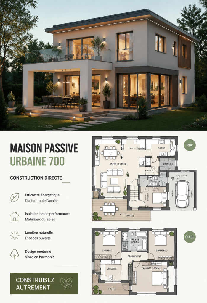 Vue d'une maison passive moderne à Citylife, mettant en avant son design écologique et son efficacité énergétique.