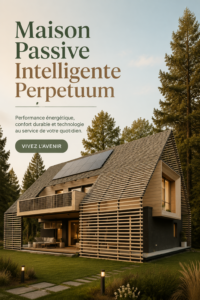 Maison passive moderne avec de grandes baies vitrées, intégrant des éléments écologiques et énergiques.