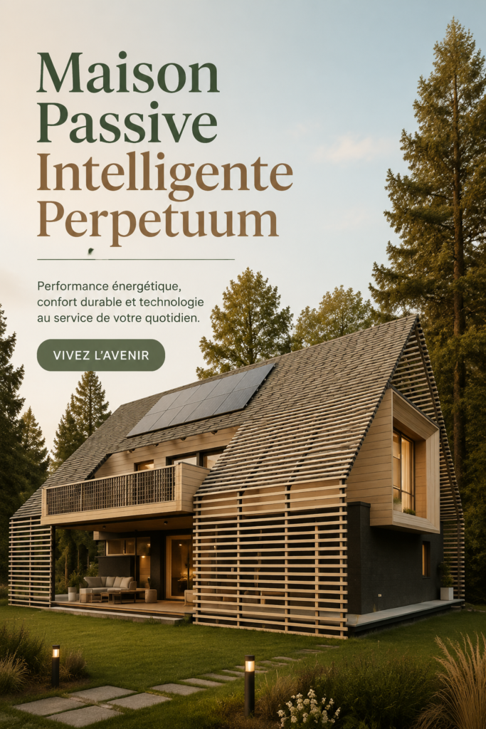 Maison passive moderne avec de grandes baies vitrées, intégrant des éléments écologiques et énergiques.