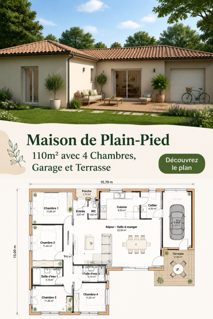 Maison de plain-pied de 110m² à vendre avec 4 chambres et garage à Saint-Hilaire-de-Riez