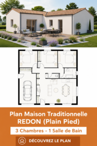 Plan de la maison traditionnelle Redon, un plain-pied avec 3 chambres et une salle de bain.