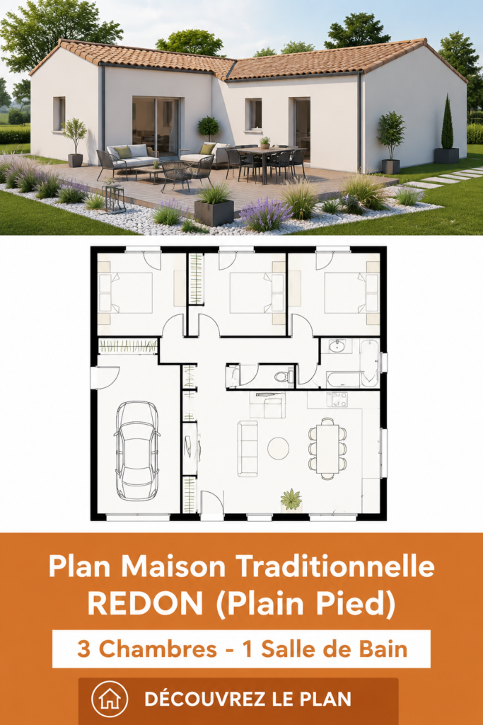 Plan de la maison traditionnelle Redon, un plain-pied avec 3 chambres et une salle de bain.