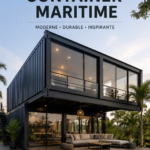 Maison conteneur moderne intégrée dans un paysage naturel, illustrant une tendance d'habitat durable.