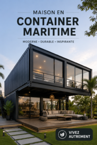 Maison conteneur moderne intégrée dans un paysage naturel, illustrant une tendance d'habitat durable.