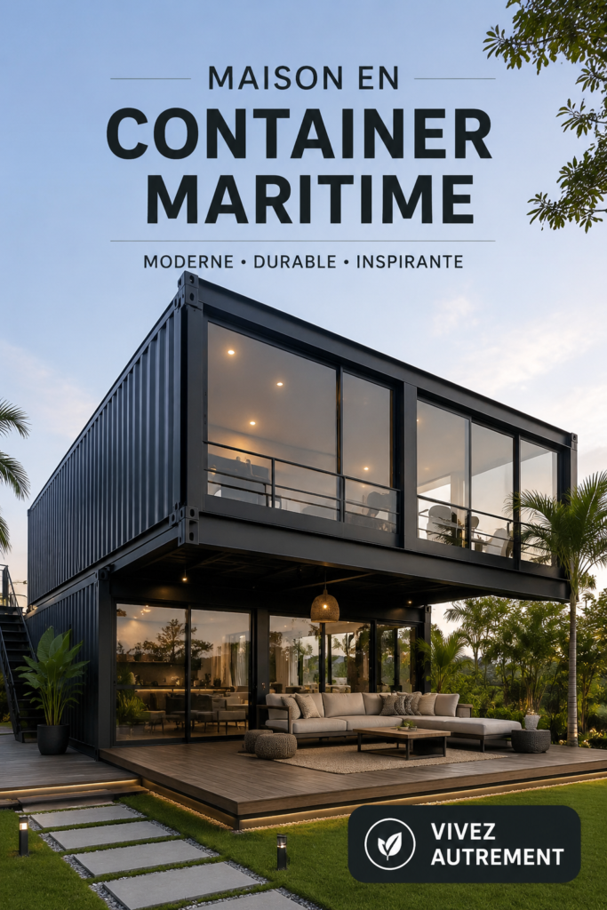Maison conteneur moderne intégrée dans un paysage naturel, illustrant une tendance d'habitat durable.