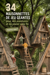 Une maison de jeu colorée dans un jardin fleuri avec des enfants jouant autour.