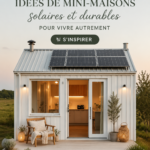 Une charmante maison minuscule en bois avec des panneaux solaires sur le toit, située dans un cadre naturel verdoyant.