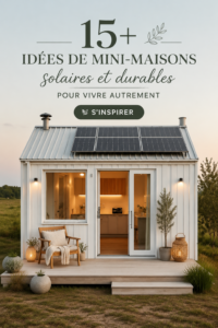 Une charmante maison minuscule en bois avec des panneaux solaires sur le toit, située dans un cadre naturel verdoyant.